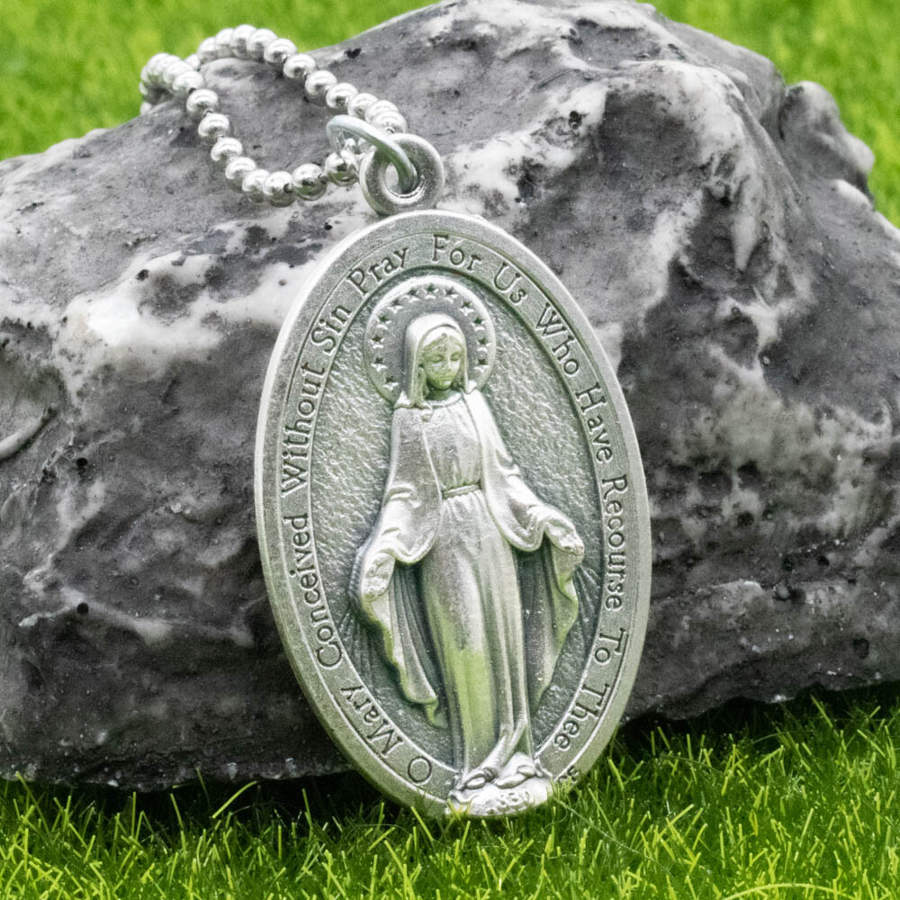 Extra Large 1-3/4″ Miraculous Medal Virgin Mary Pendant Necklace Italy 24″ Chain