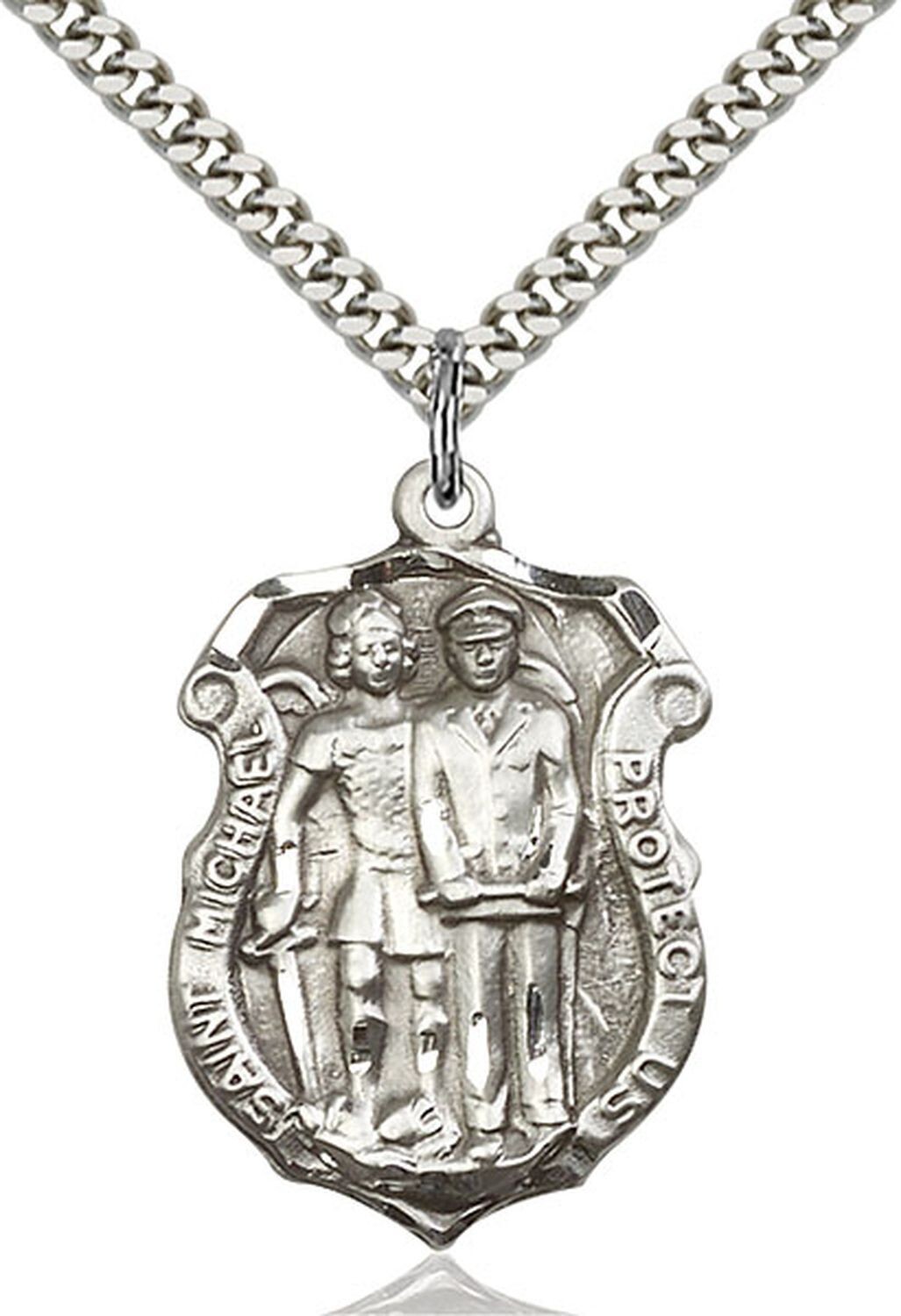 Sterling Silver St Saint Michael Police Badge Medal Pendant Necklace W/ Chain