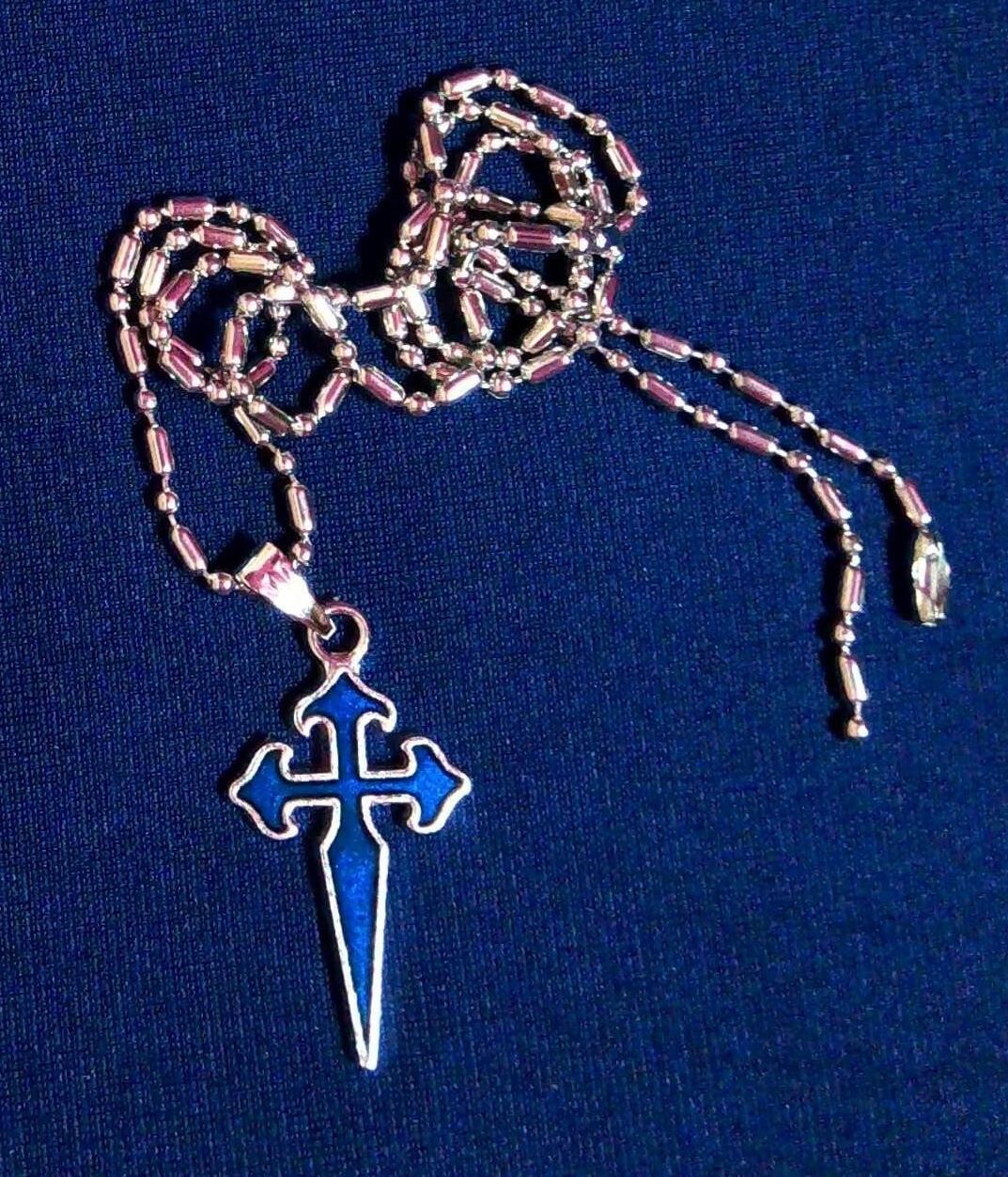 St James Crusader Cross Crucifix Silver Chain Necklace BLUE