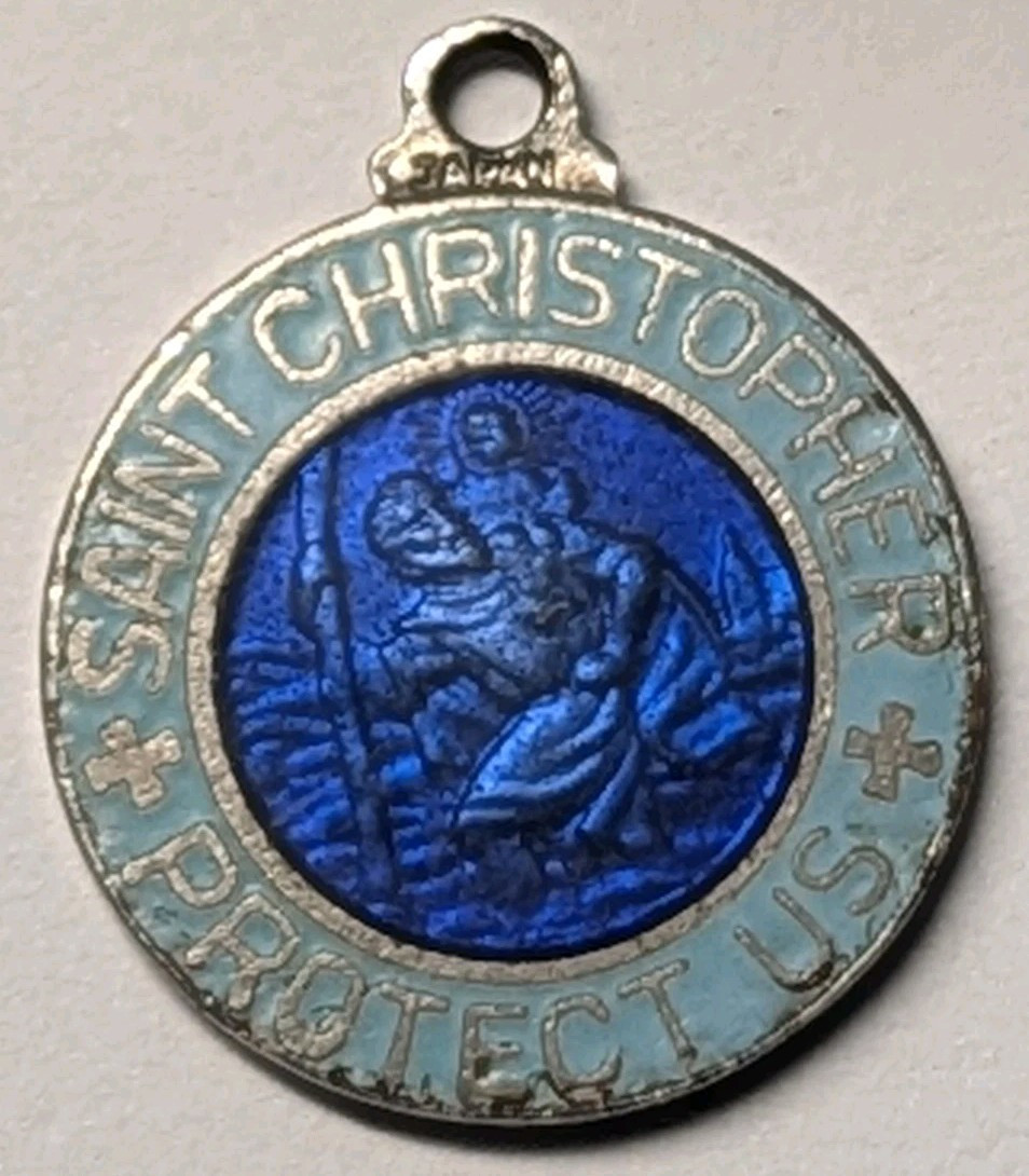 1960s 1970s Double Sided St Christopher Enamel Medal – Red / White & Blue / Blue