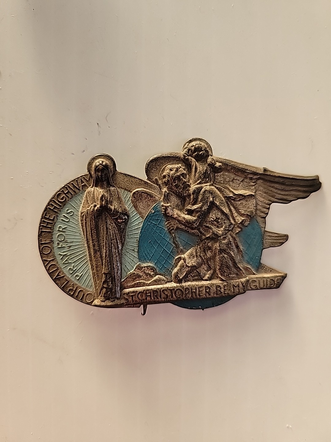 1950’s Catholic Vintage St Christopher Metal Car Visor Badge