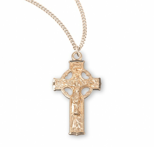 Gold Over Sterling Silver 1.1″ Celtic Crucifix, 18″ Chain,US Made, Boxec