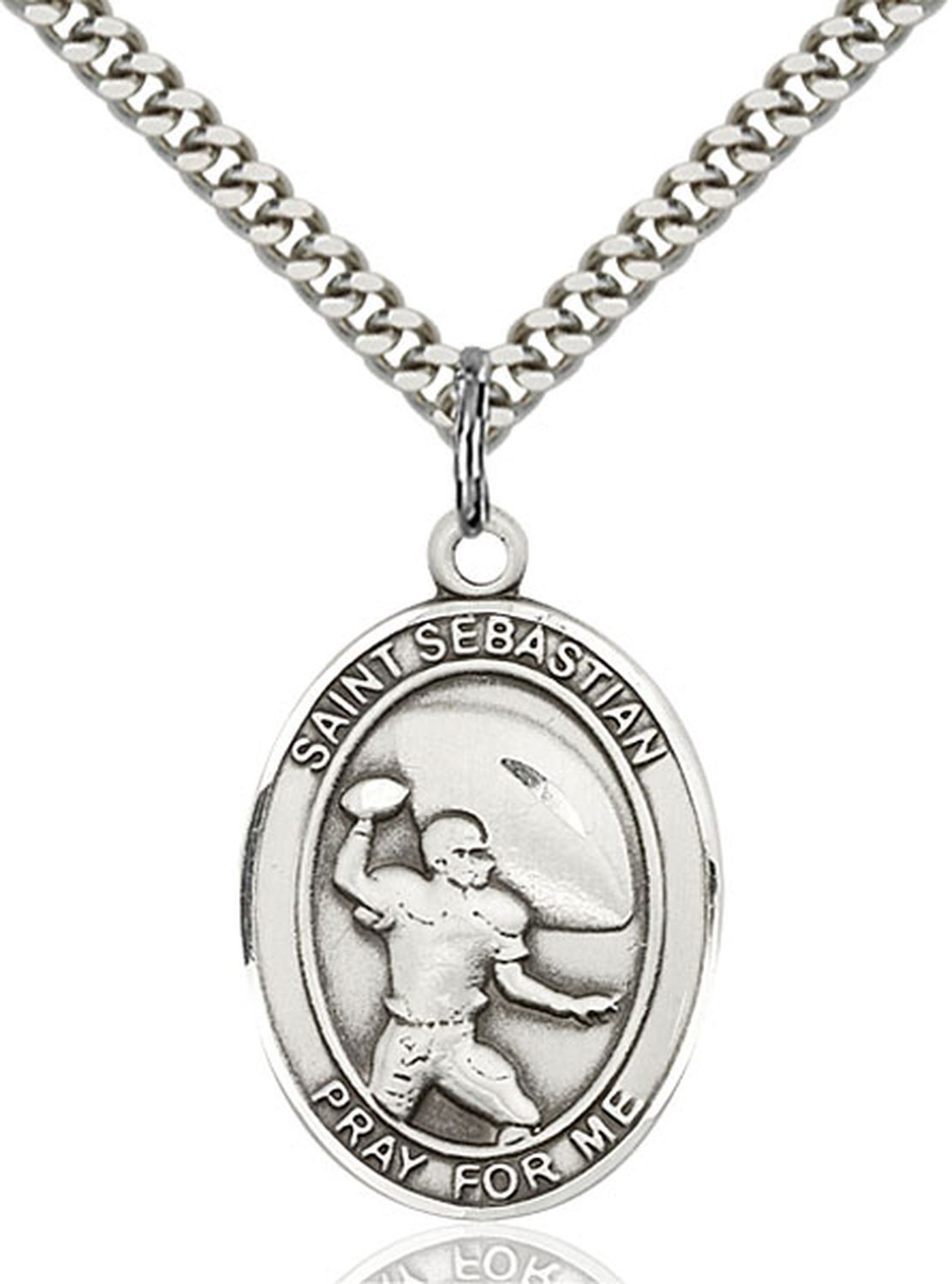 Sterling Silver St Saint Sebastian/Football Medal Pendant Necklace 24″ Chain