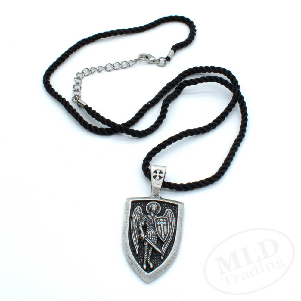 Saint St Michael Shield Medal Pendant Necklace, Antiqued Silver Zinc Alloy