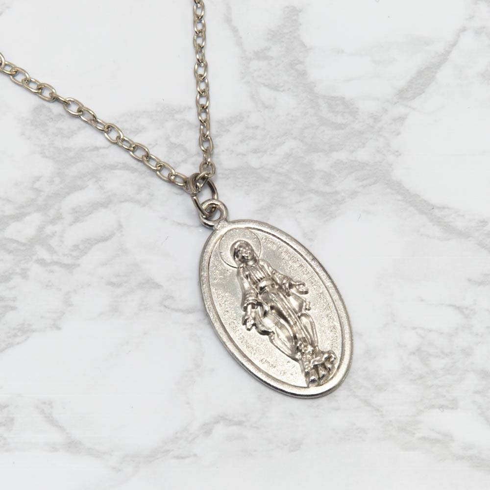 Miraculous Medal Pendant Necklace – 24″ Oval Link Chain, Zinc Alloy