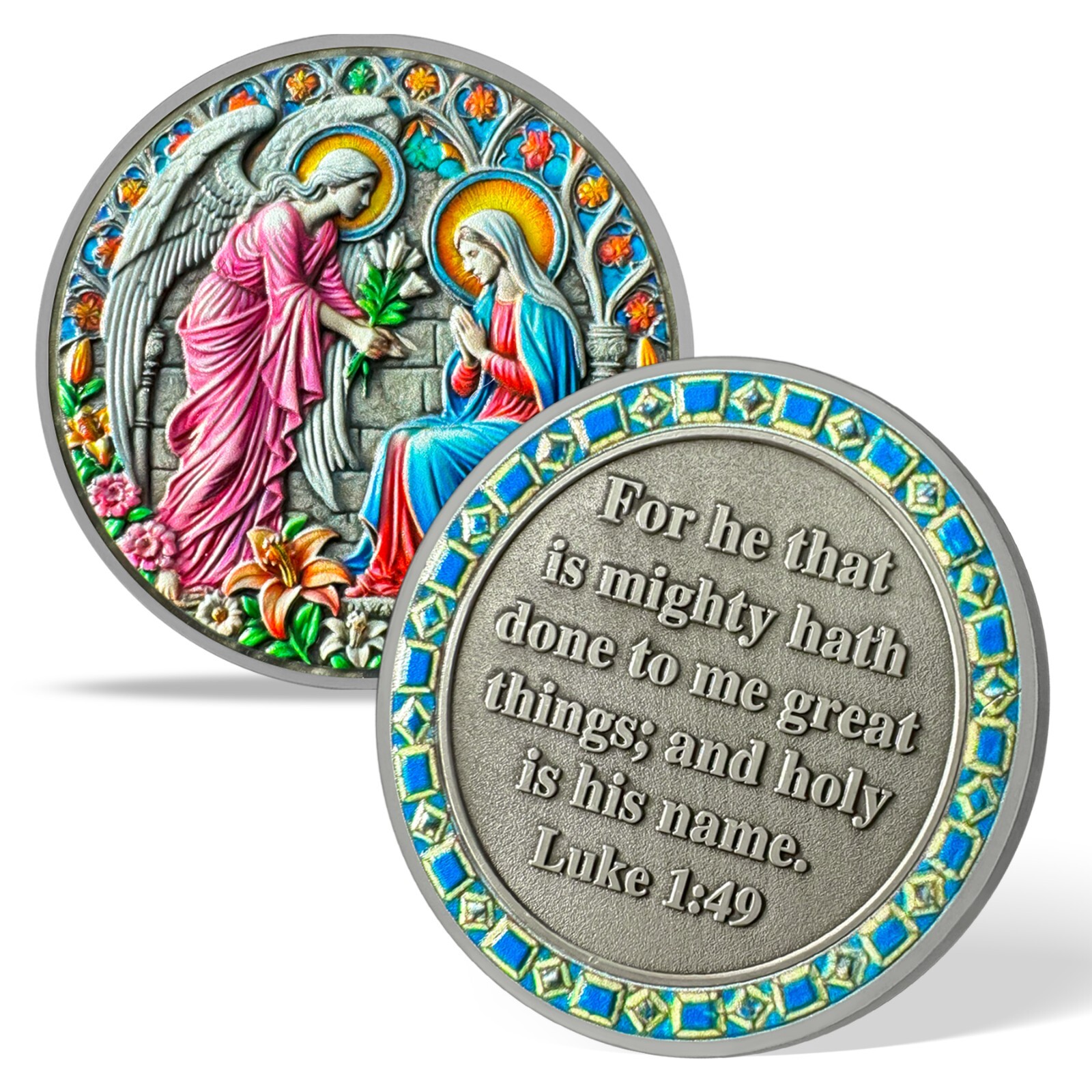 5pcs Christian Annunciation Challenge Coin Luke 1:49 Bible Verse Faith Coin Gift