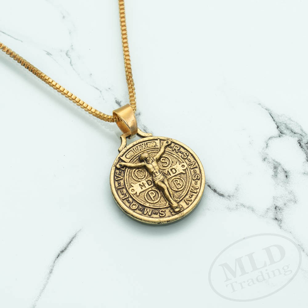 Gold Jesus Crucifix Saint St Benedict Medal Cross Pendant Necklace 24″ Box Chain