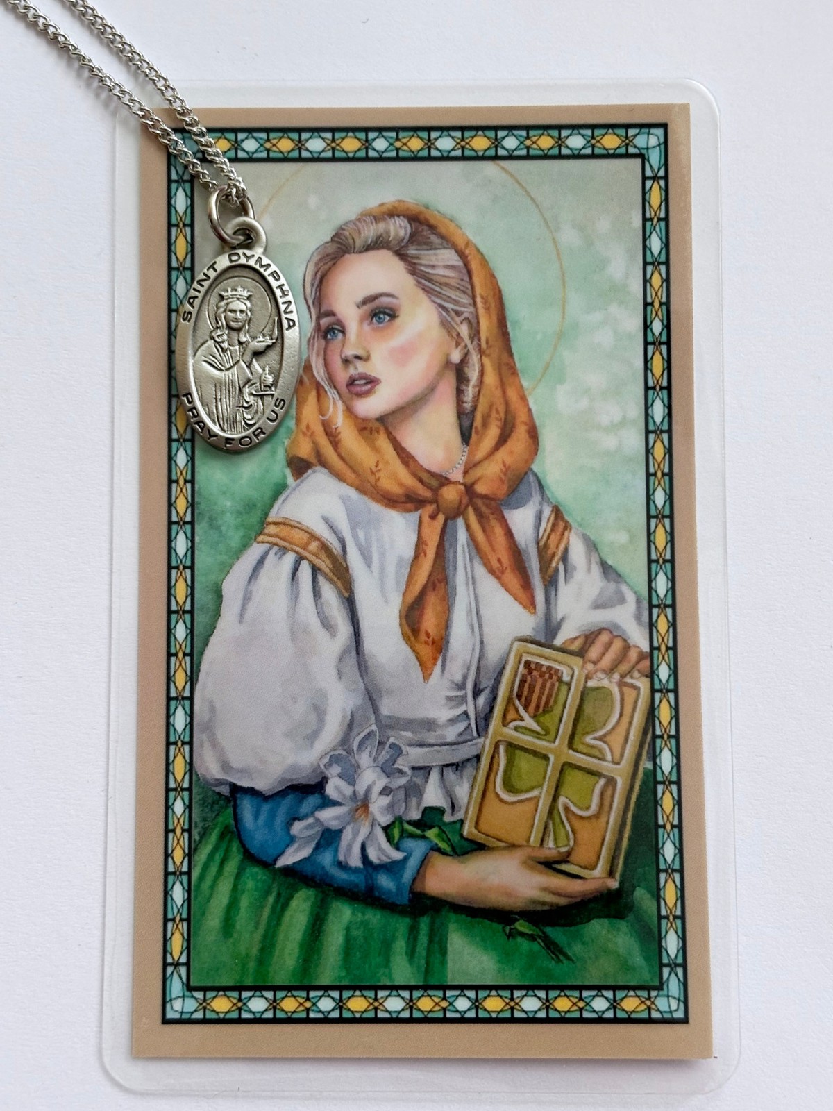 St. Dymphna Medal Necklace w Laminated Prayer Card Patron Mental Health
