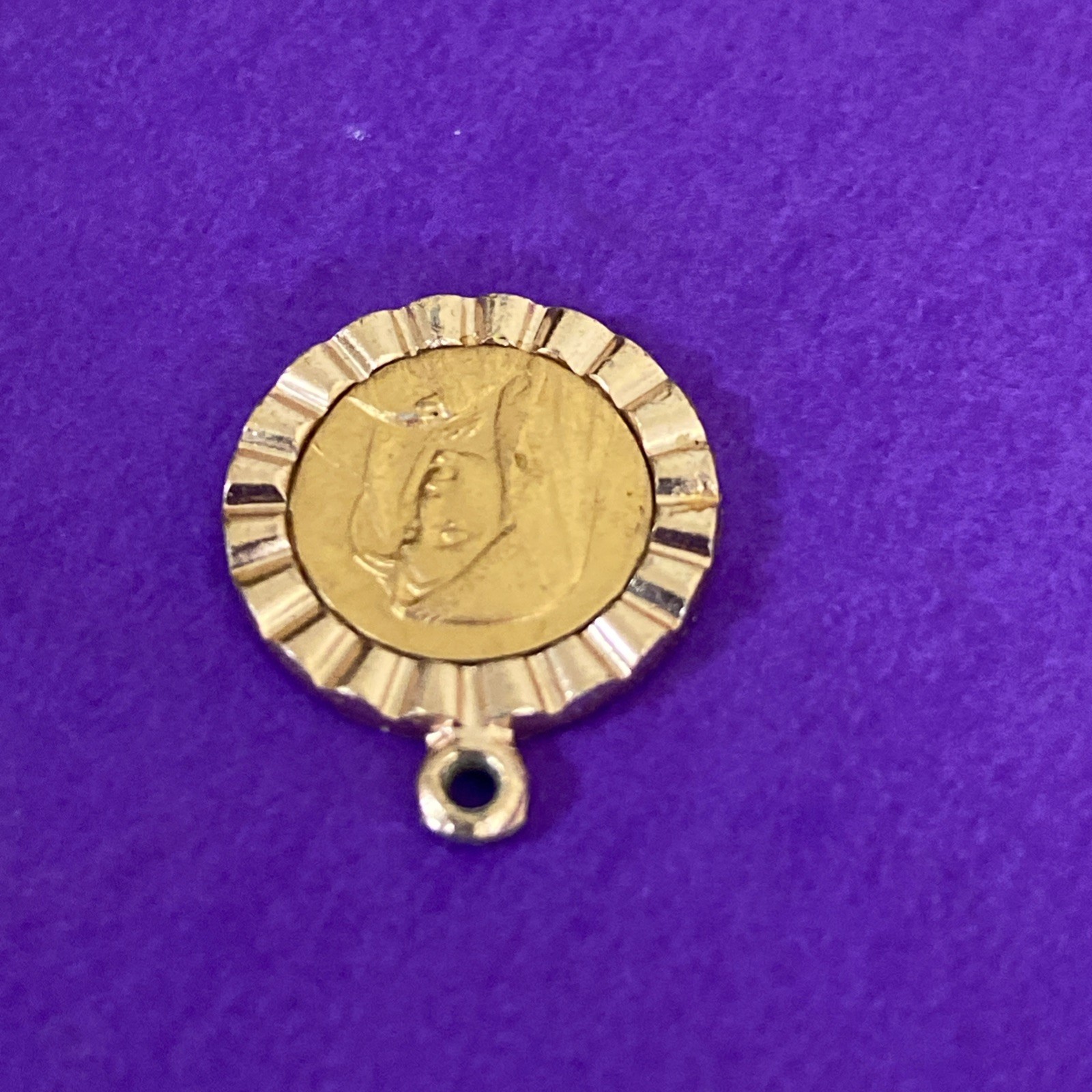 Vintage Virgin Mary Metal Charm Pendant , Gold-Toned, Roma, Christianity, 1/2”