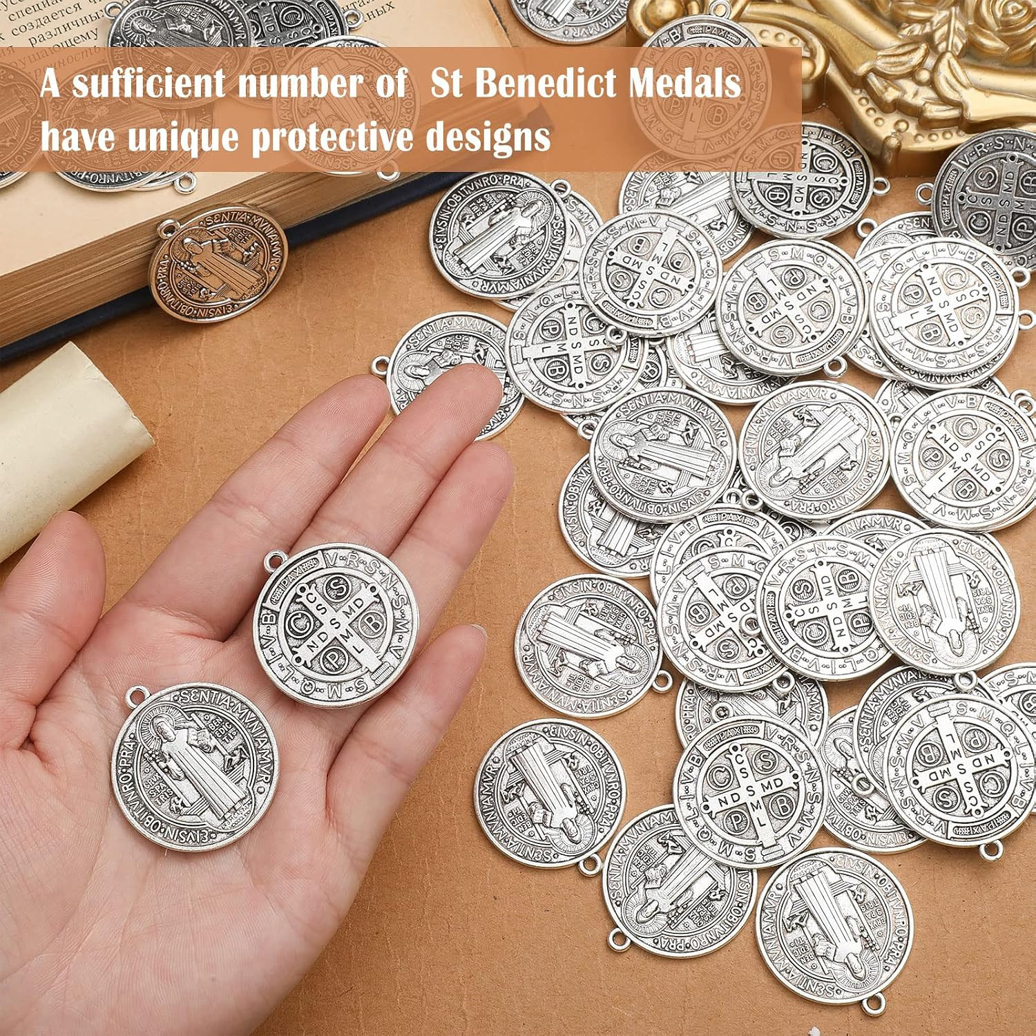 St Benedict Medals 1.38 x 1.22 Inch Metal Saint Pendant Silver Toned Saint Bened