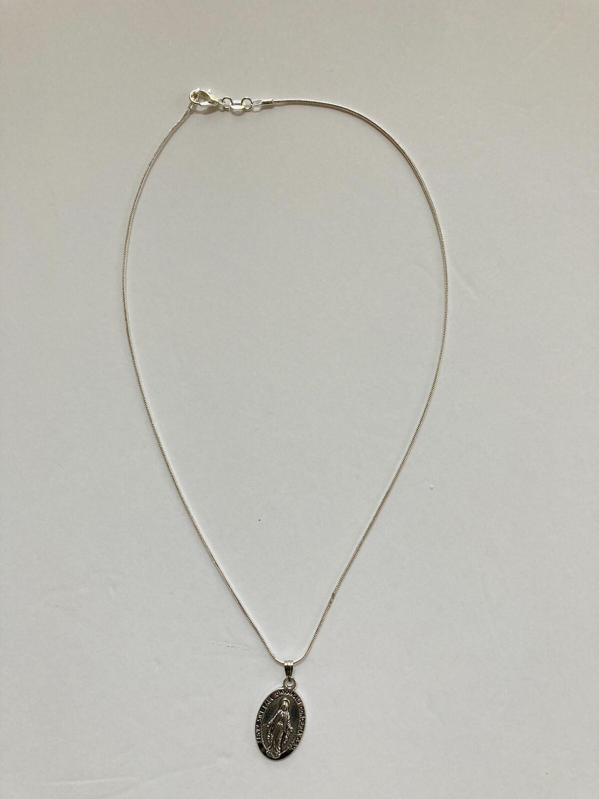 Miraculous Medal Pendant Necklace – 3/4″ Mini Oval, Silver Zinc Alloy, 18″ Chain