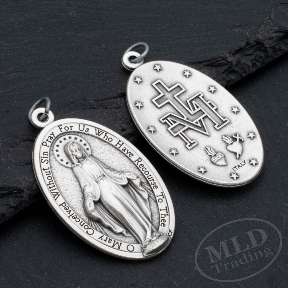 Our Lady Miraculous Medal Pendant Large 1.75″ Silver Oxidized Made In Italy