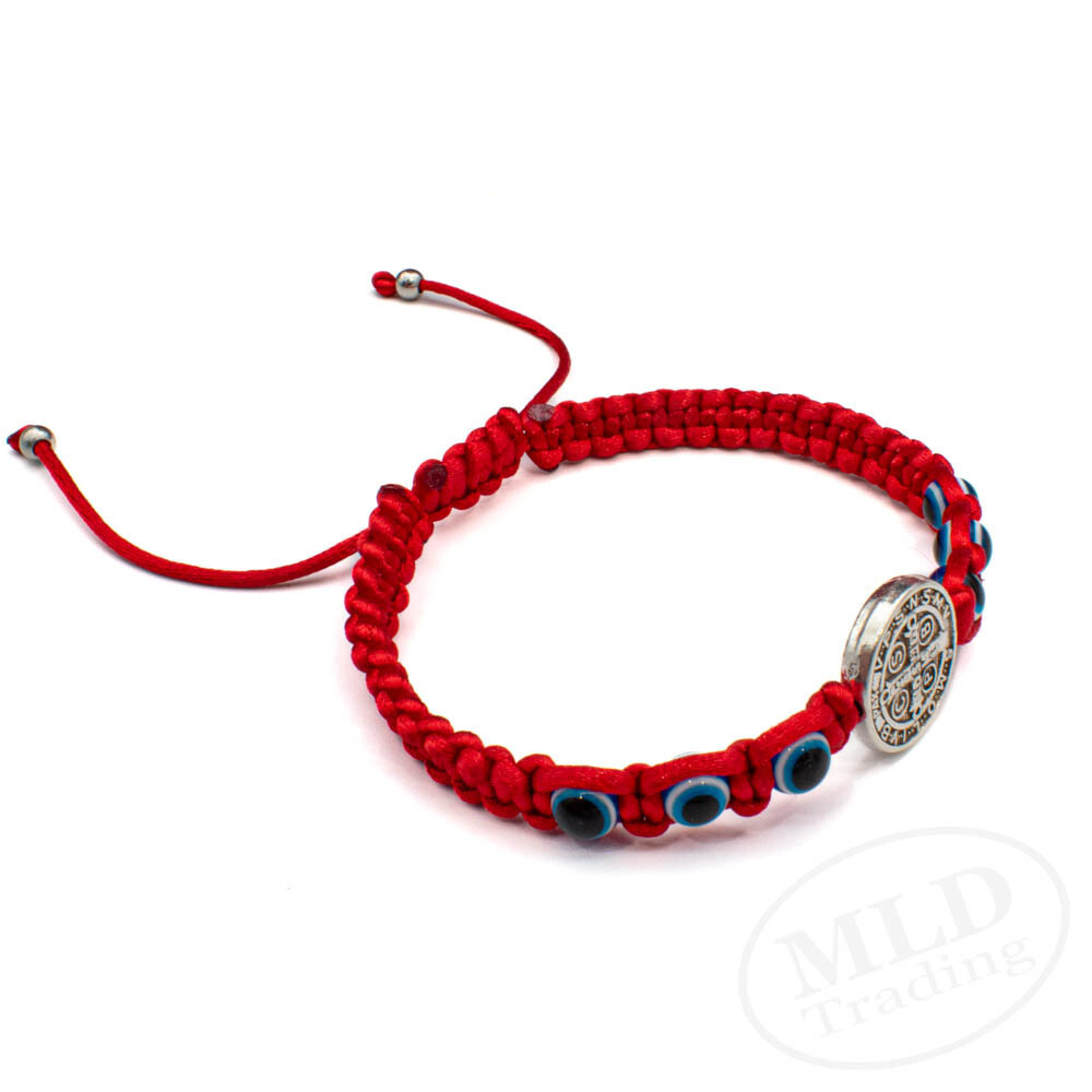 Silver Saint St Benedict Medal Red Bracelet w Blue Evil Eye Protection Beads