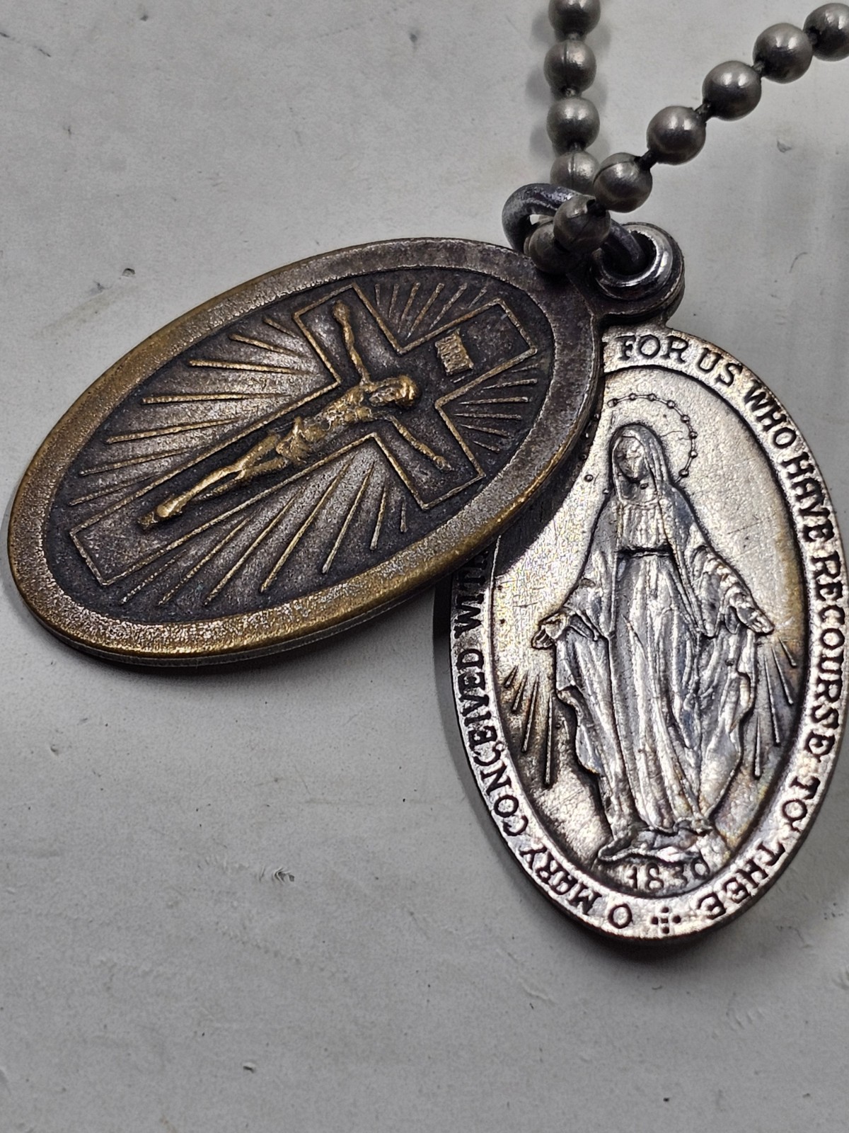 Vintage Catholic Miraculous Medal Crucifix Two Charm Ball Chain Necklace 24in