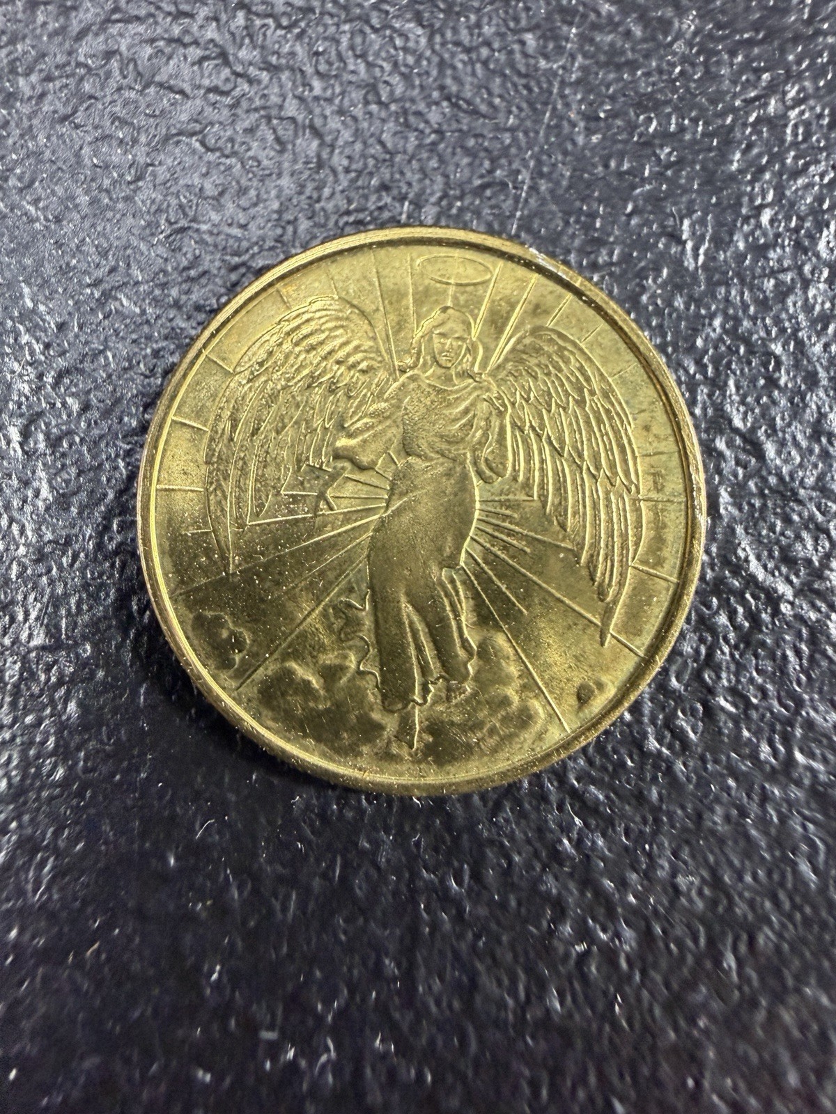 Vintage Guardian Angel Pocket Coin Token Gold Tone Religious 1″ Double-sided.