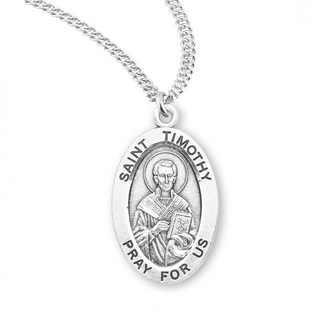 St. Timothy Sterling Silver Oval 1.1″ Medal, Gift Box, 24″ Chain, US Made