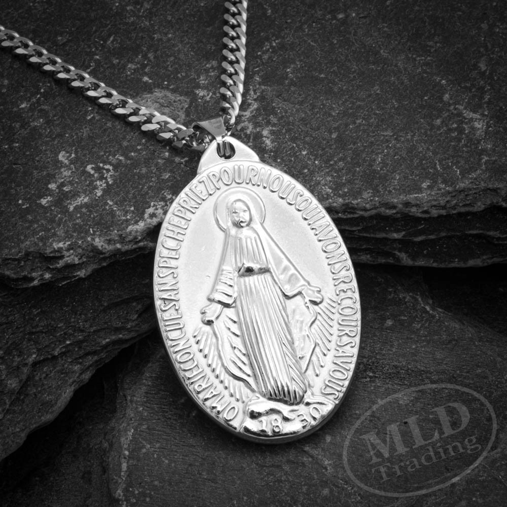 Stainless Steel St Mary Miraculous Medal Pendant Necklace – 1-3/4″, 24” Chain