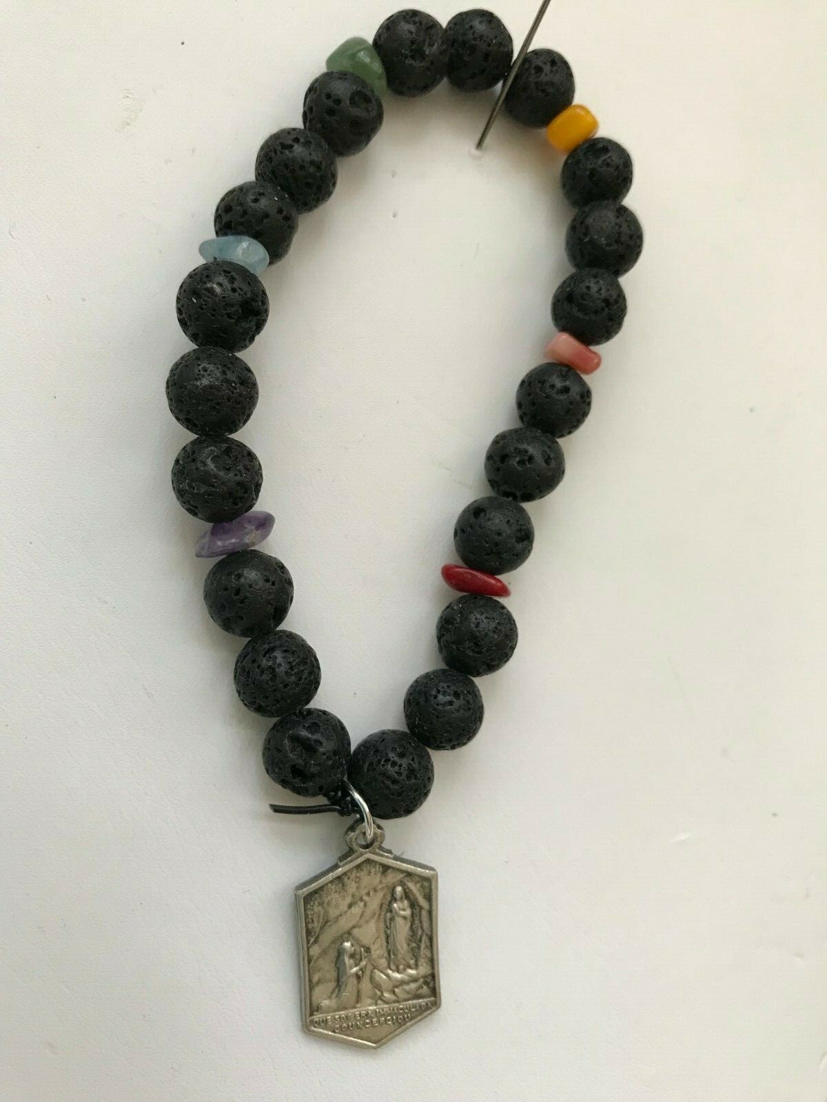 Natural Volcano Rock Multi Colored Gemstones Lourdes Holy Medal Bracelet