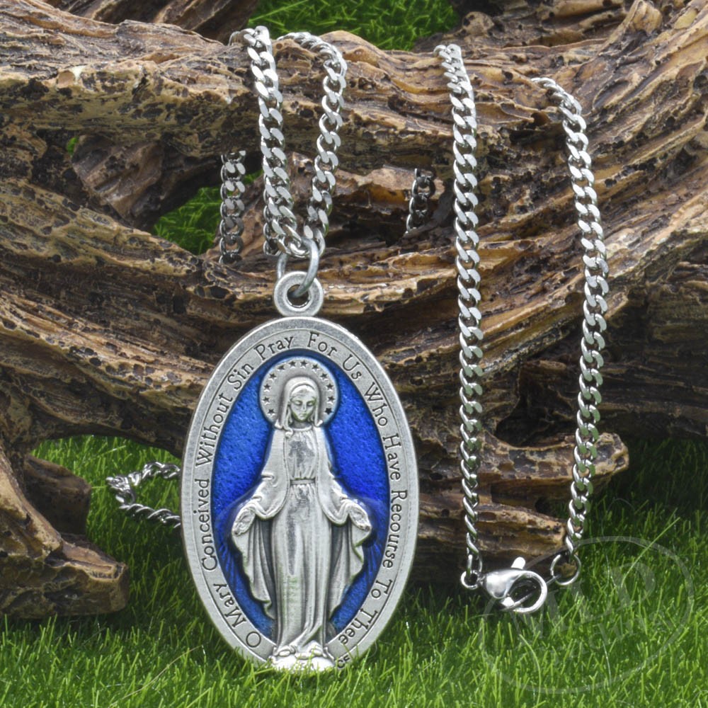 Large 1 3/4″ Blue Miraculous Medal Mary Pendant Necklace Italy w 24″ Curb Chain