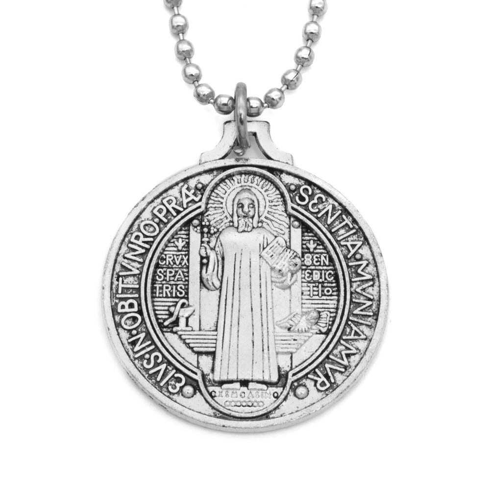 Saint St Benedict Medal Pendant Necklace 24″ Ball Chain Vintage Alloy Protection