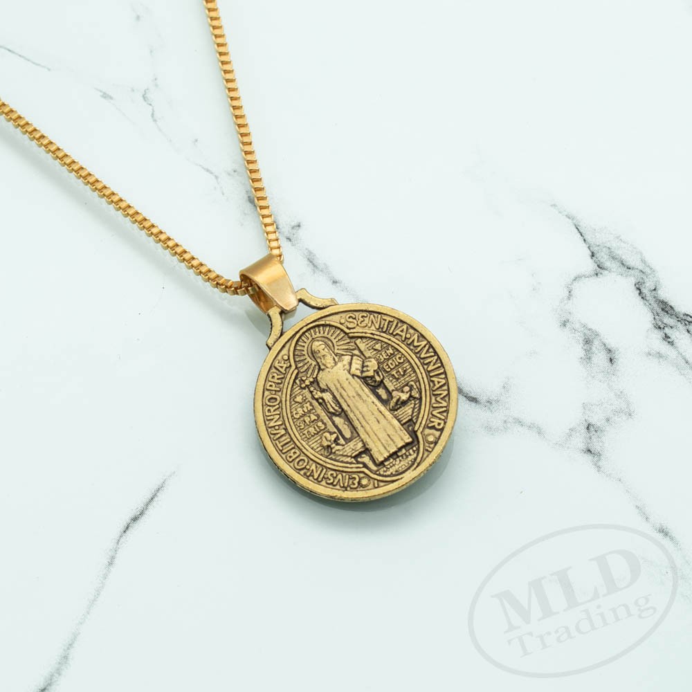 Gold Jesus Crucifix Saint St Benedict Medal Cross Pendant Necklace 24″ Box Chain