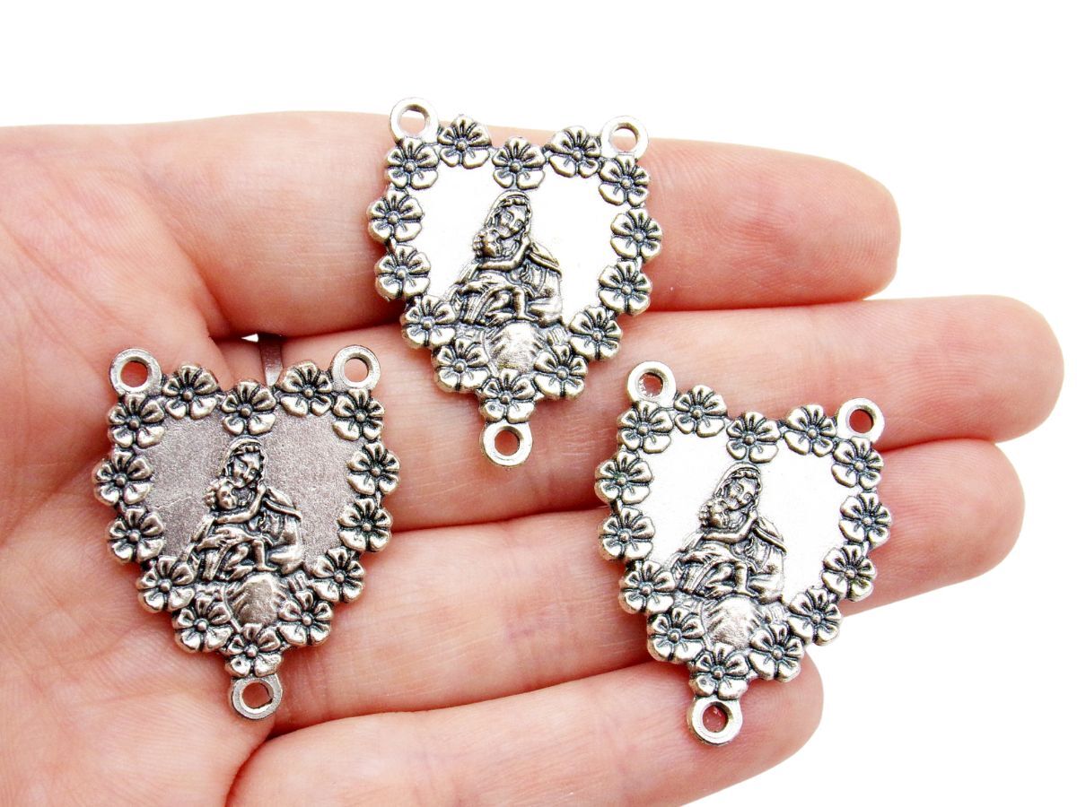 Silver Tone Lot of 3 Madonna and Child Floral Medal Rosary Center 1.25 In