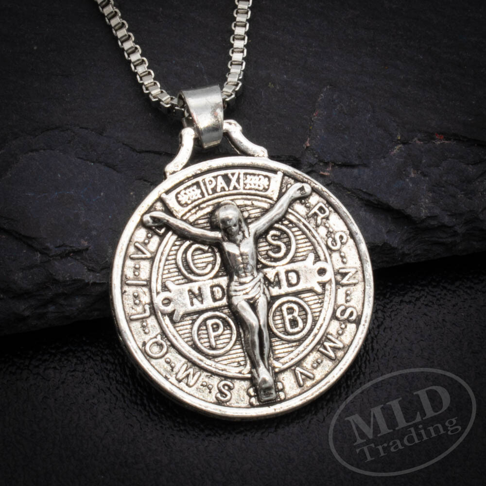 Jesus Crucifix Saint St Benedict Medal Cross Pendant Necklace 24″ Box Chain