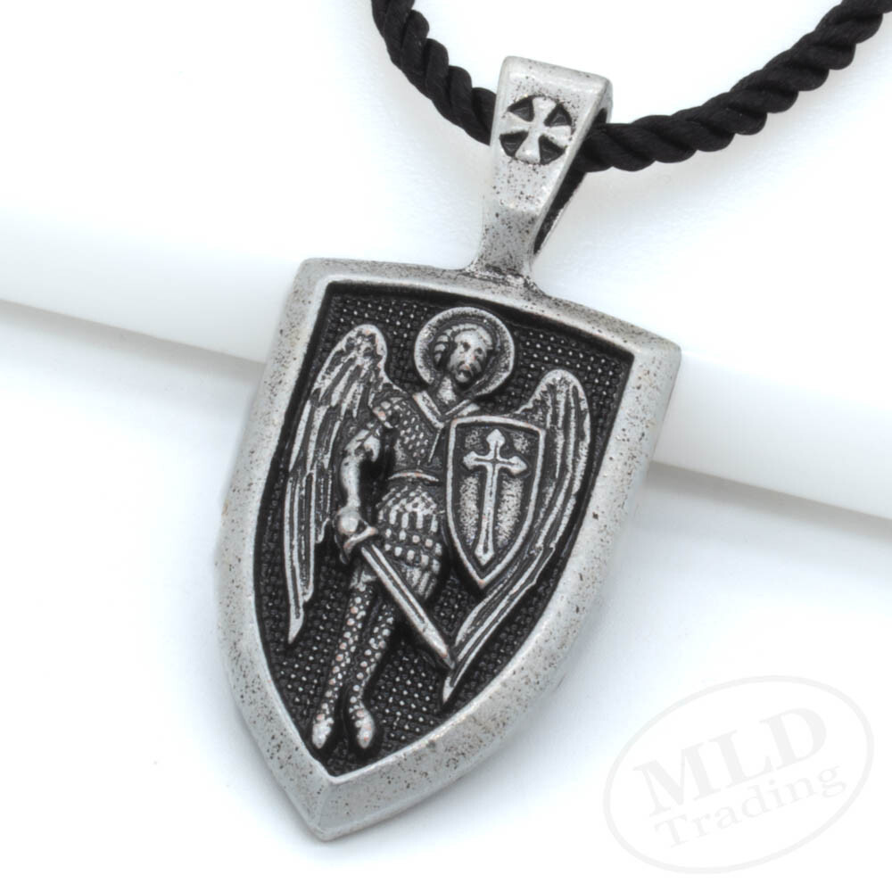 Saint St Michael Shield Medal Pendant Necklace, Antiqued Silver Zinc Alloy