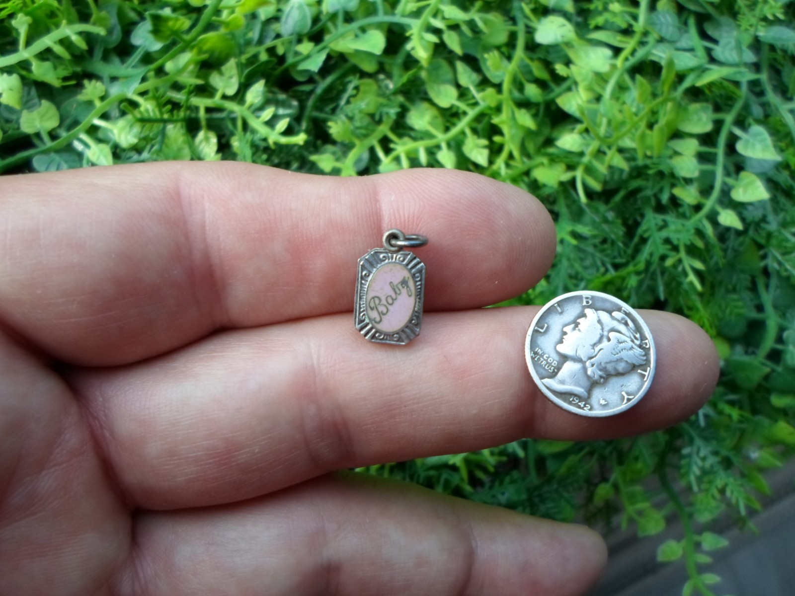 Vintage Sterling silver – pink enamel – BABY GIRL – Miraculous Mary slide MEDAL