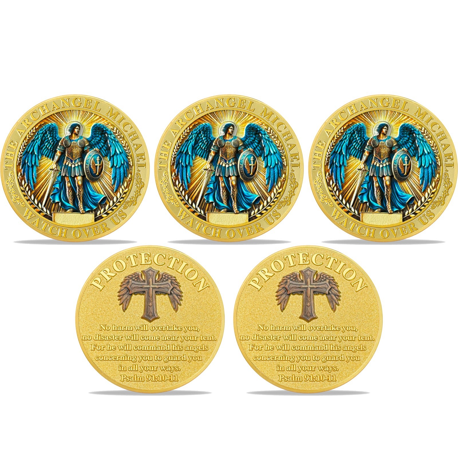 5pcs Saint Michael Archangel Prayer Medal Psalm 91:10-11 Shield of Faith Tokens