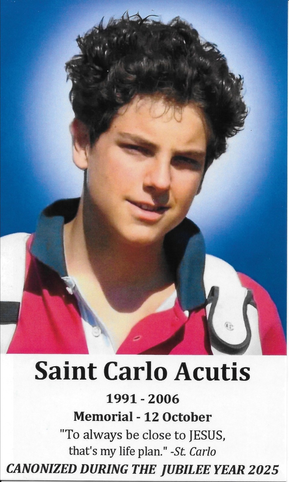 Relic of Saint Carlo Acutis 1″ Medal Plus a Laminated Holy Card (5″ X 3″)