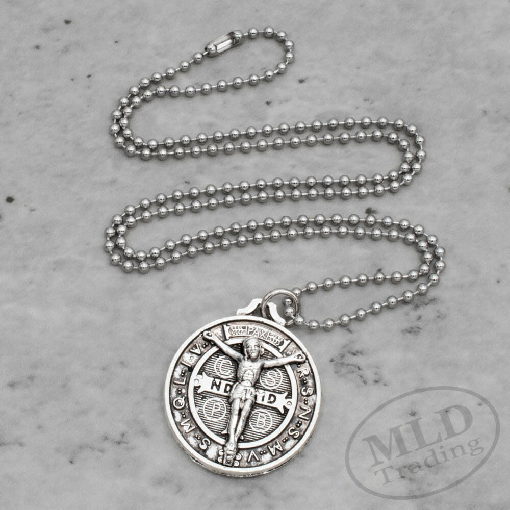 Jesus Crucifix Saint St Benedict Medal Pendant Necklace 1-1/4″ w 24″ Ball Chain