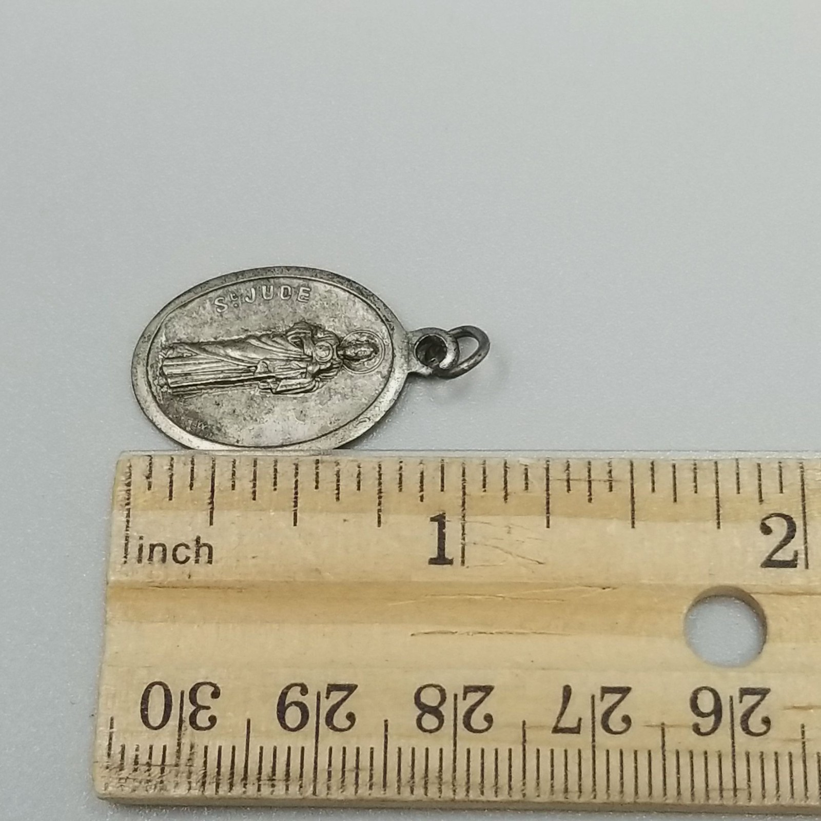 Vintage Saint St Jude Pray for Us Medal Pendant Charm Oval Silver Tone Italy