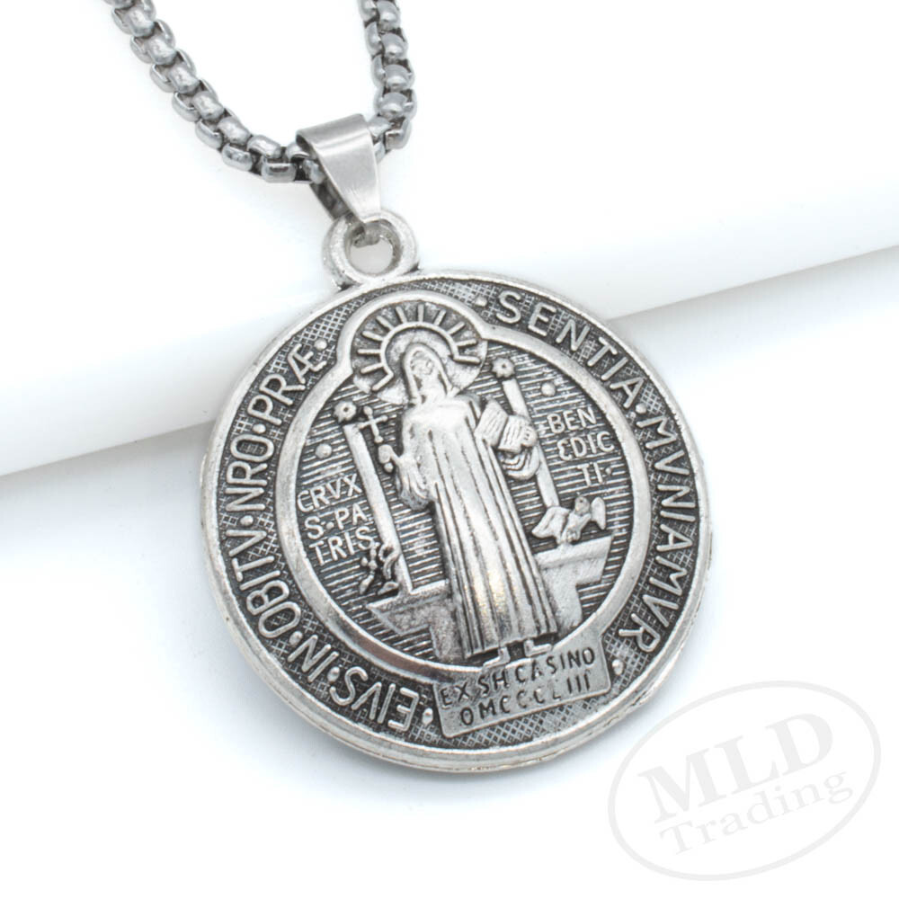 3D Saint St Benedict Medal Thick Pendant Necklace w 24″ Box Chain Silver Tone