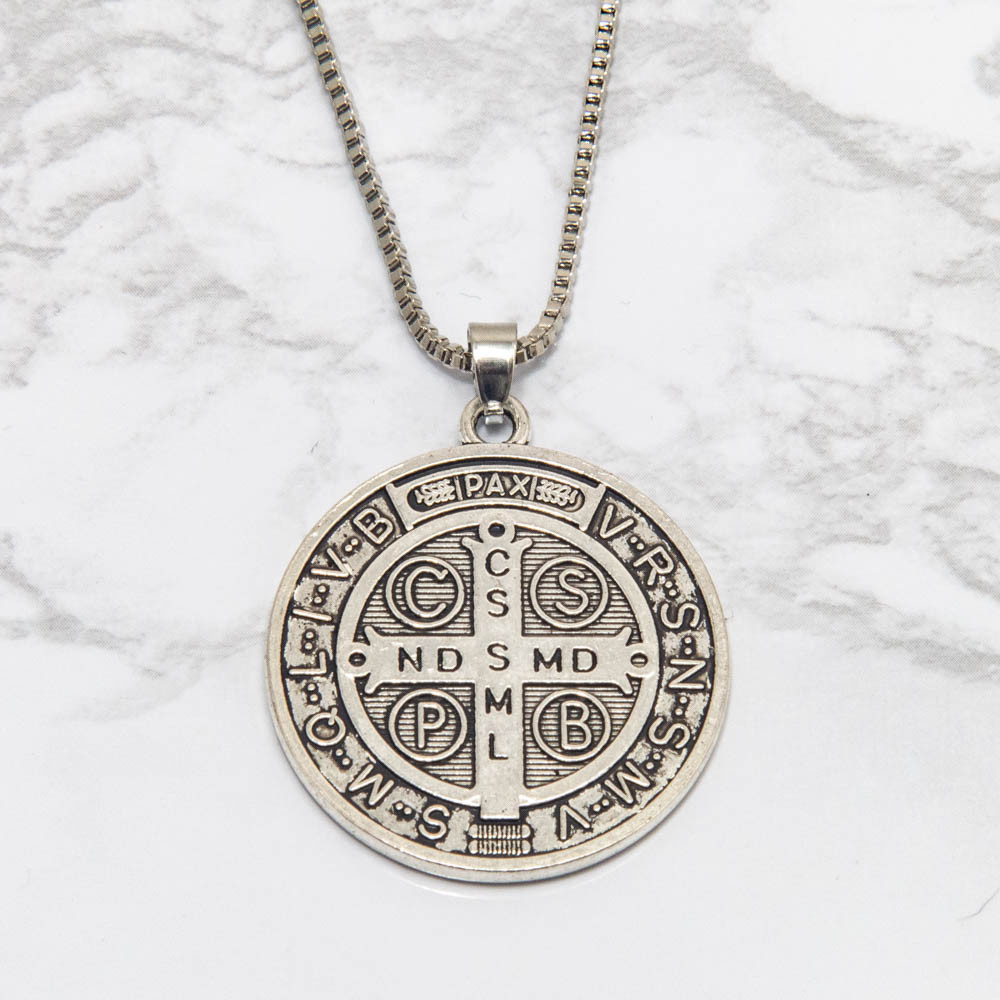 Saint St Benedict Of Nursia Cross Medal 1 1/4″ Pendant Necklace 24″ Box Chain