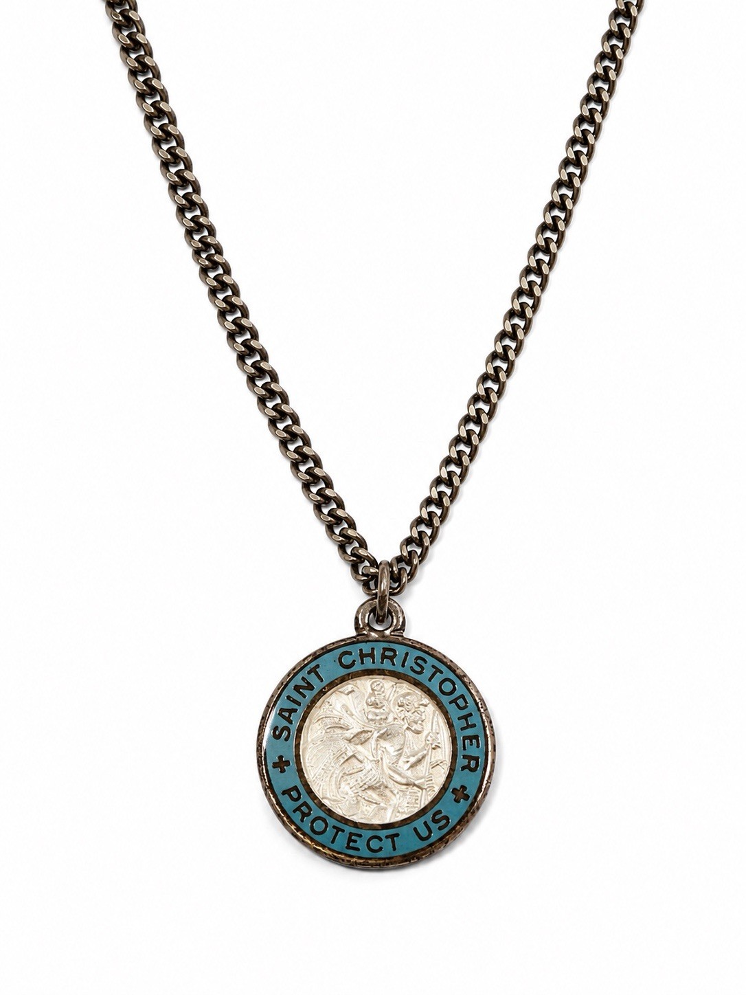 Vintage Sterling Silver Blue Enamel Saint Christopher Medal Pendant 7/8″