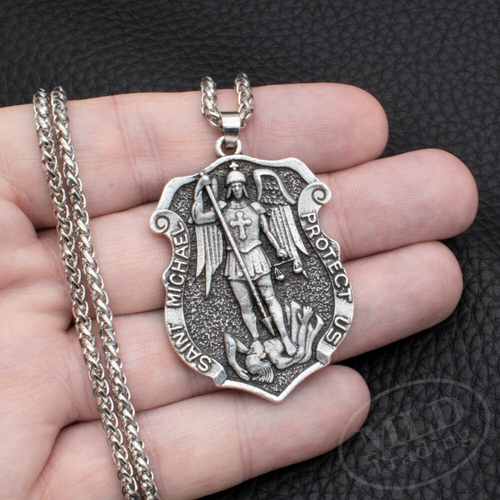 Saint St Michael Medal Shield Pendant Necklace – Zinc Alloy, 22″ Wheat Chain
