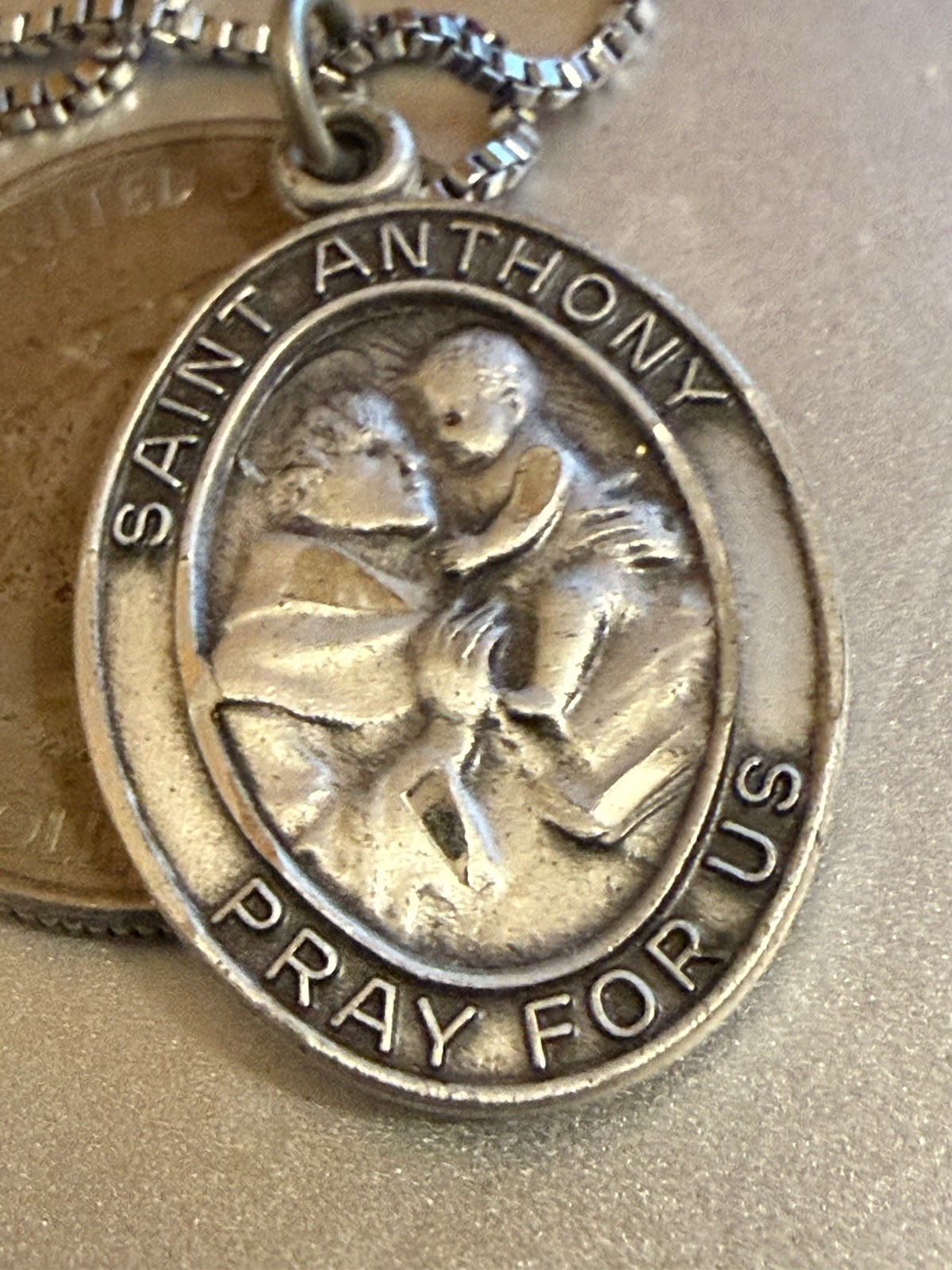 Vintage St. Anthony Sterling Silver Medal Pendant + 21” Nickel Silver Box Chain