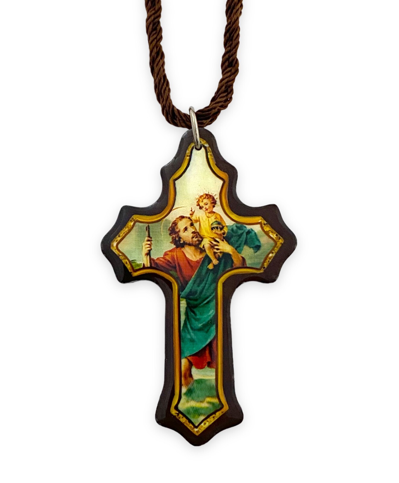 St Christopher Brown Scapular Cross Necklace Wood Escapulario San Cristobal Cruz