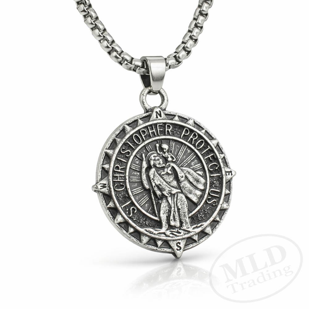 Saint St Christopher Medal Necklace – Detailed Compass Style Pendant 24” Chain