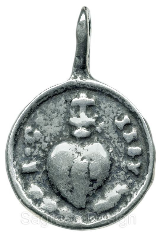 Small SACRED HEART / IMMACULATE HEART Medal, silver cast f/ 18th c Italian medal