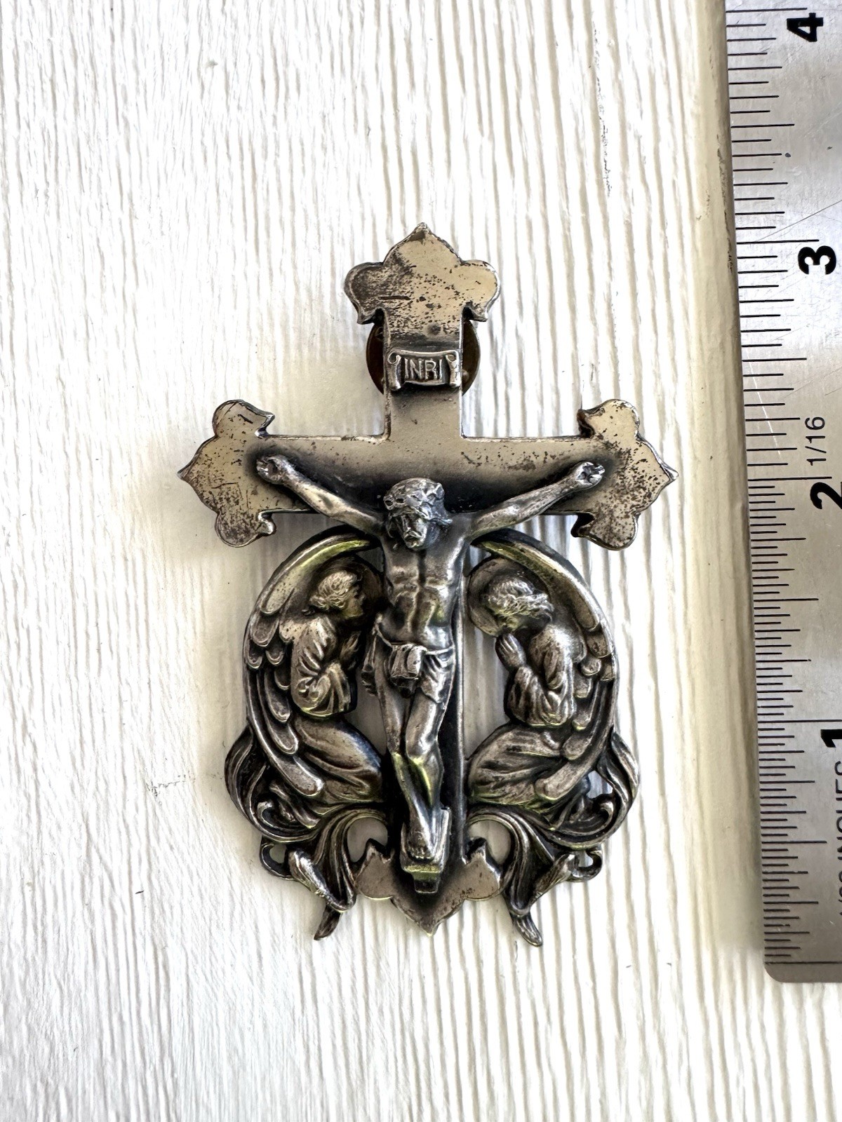 Vintage Silver Tone Crucifix Stick Pin Catholic Jesus Angels INRI Religious 3in