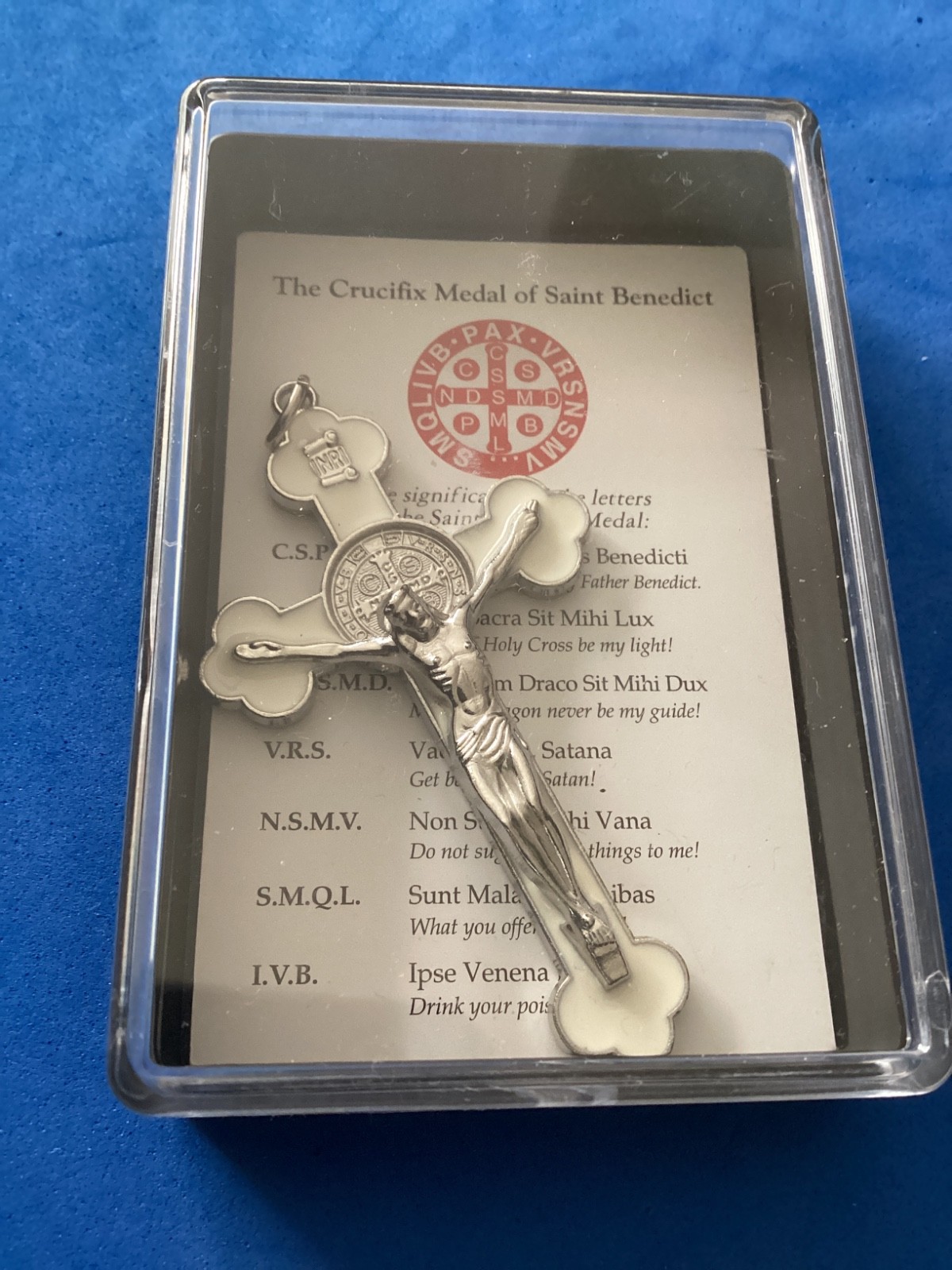St BENEDICT Crucifix Budded Cross Cream White Enamel 3” Silver Tone Metal Saint