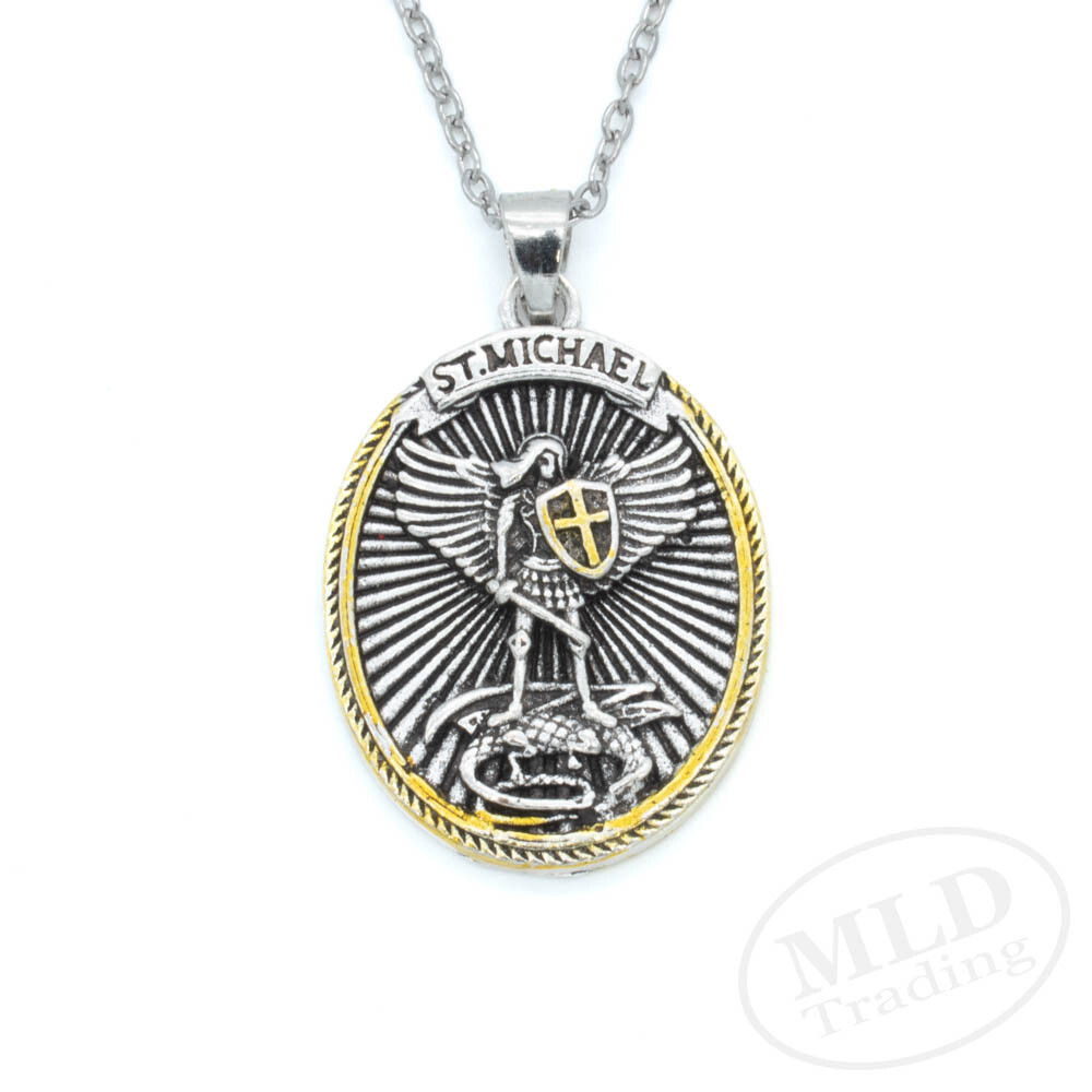 Saint St Michael Pendant Necklace, Oval Silver-Gold, 18″ Chain, Ephesians 6:10