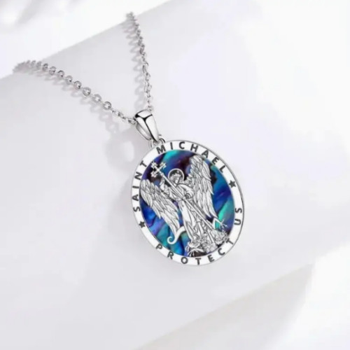 Archangel Saint Michael Necklace Blue Abalone Pendant Spiritual Warrior Protect