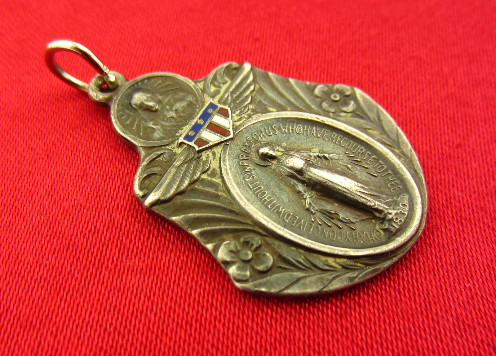 Vintage Sterling MARY Medal RED WHITE BLUE ENAMEL WINGS MIRACULOUS WWII Large
