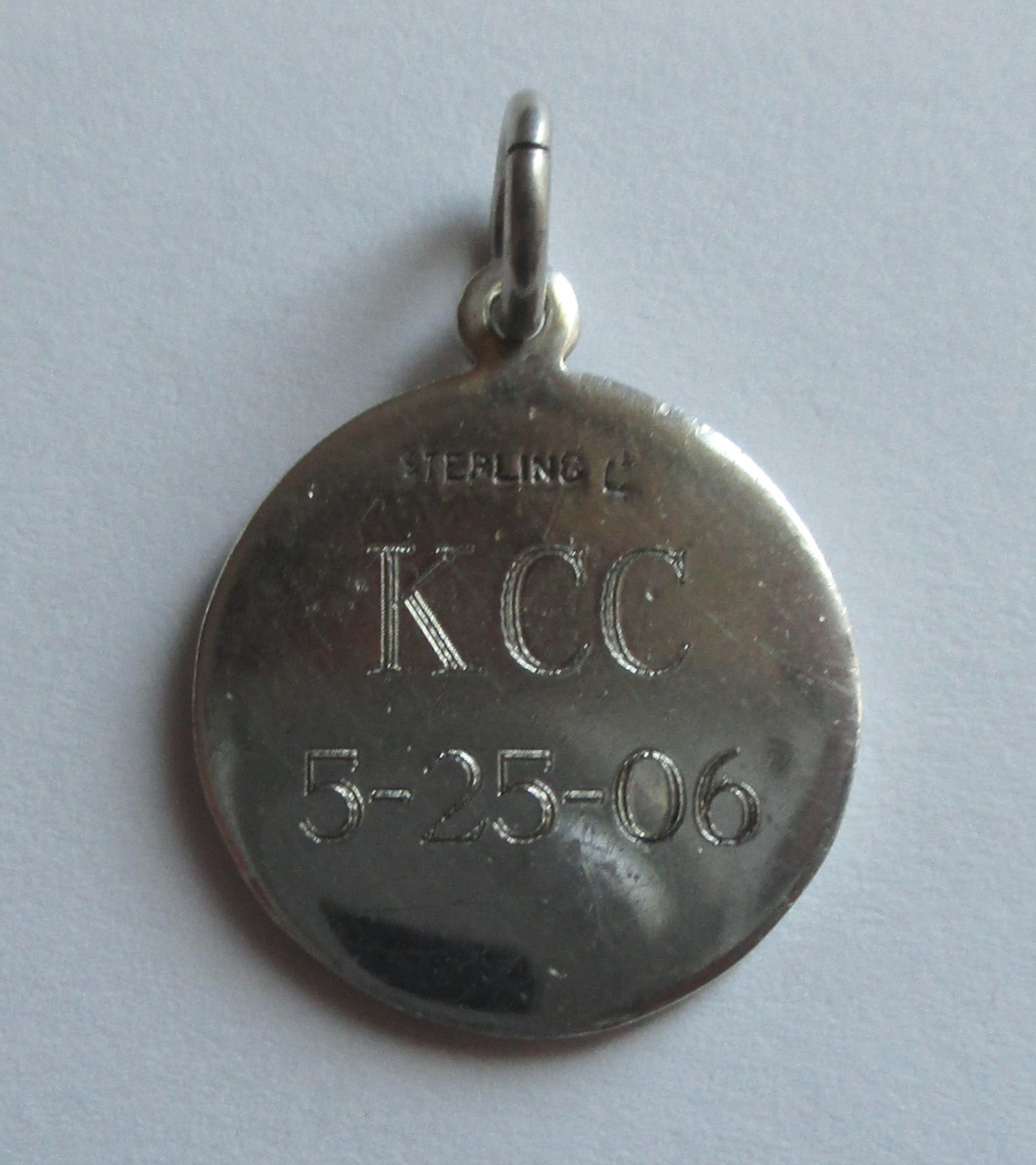 7/8in STERLING SILVER BLUE ENAMEL SAINT CHRISTOPHER MEDAL PENDANT Engraved Dated