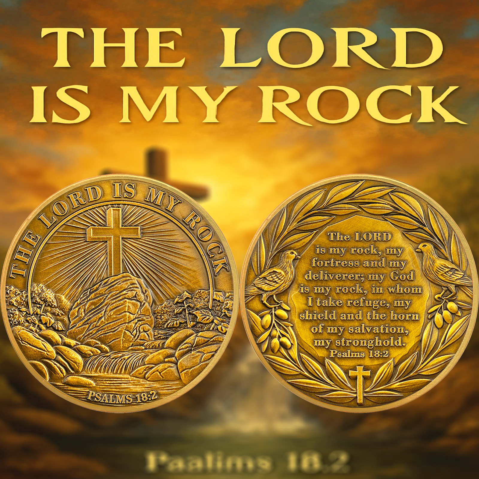 Inspirational “The Lord Is My Rock” Christian Challenge Coins – Psalm 18:2 Verse