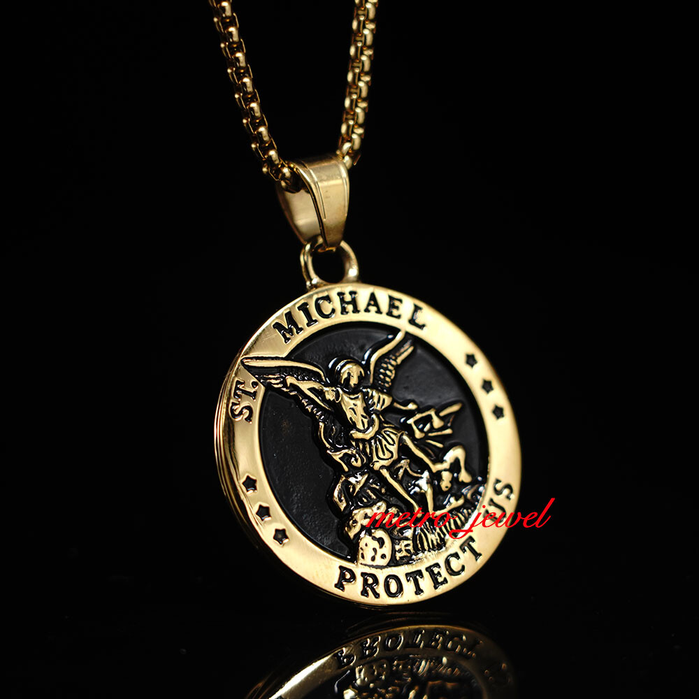 JXC Gold Catholic Saint St Michael Archangel Medal Medallion Pendant Necklace