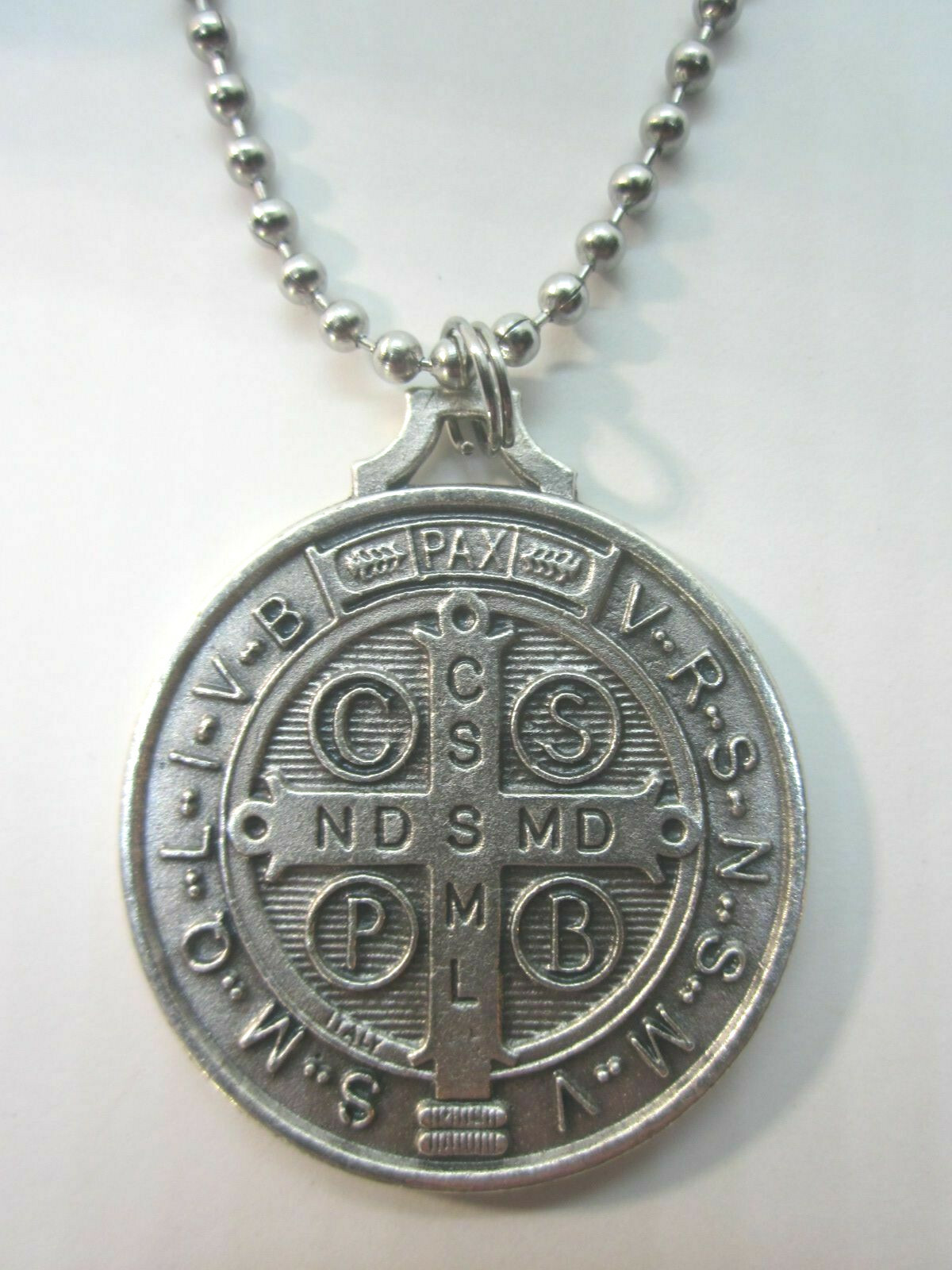 XL St Benedict Jubilee Medal 1 1/2″ Italy Pendant Necklace 24″ Ball Chain